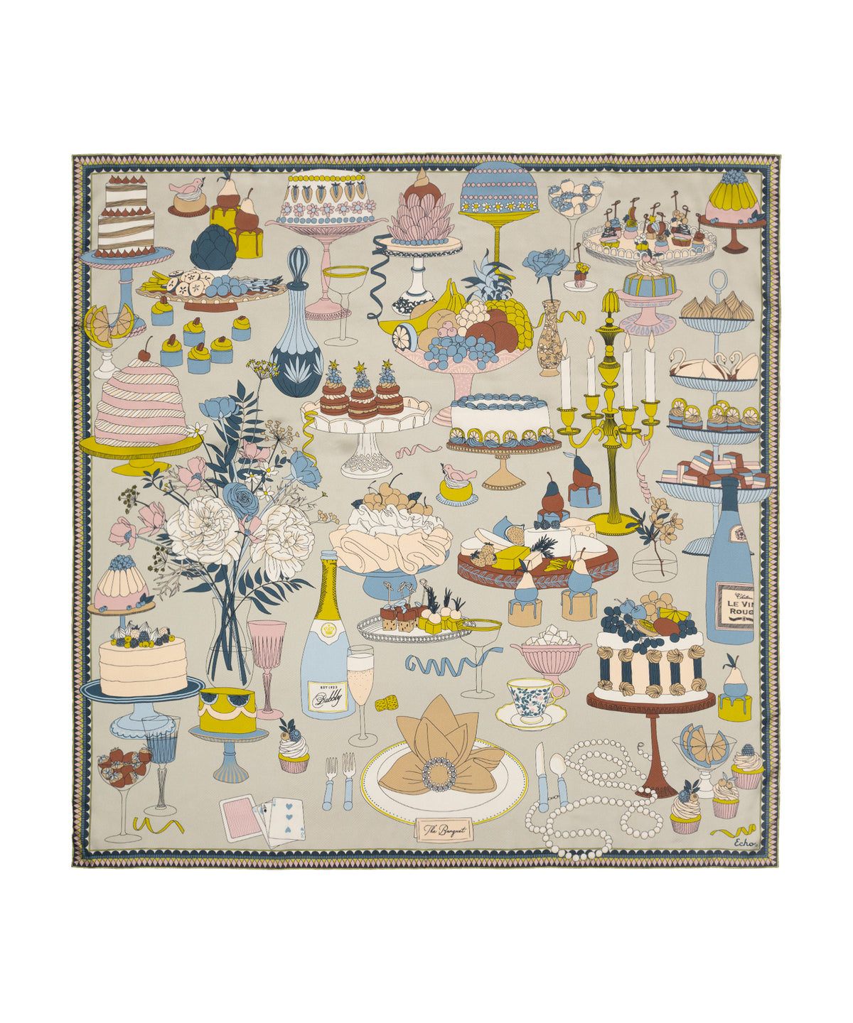 Banquet Illustration Silk Scarf in Cream