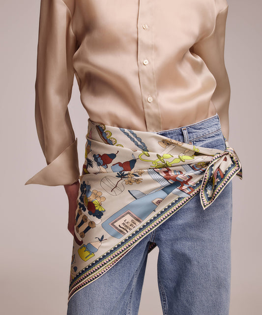 Banquet Illustration Silk Scarf in Cream