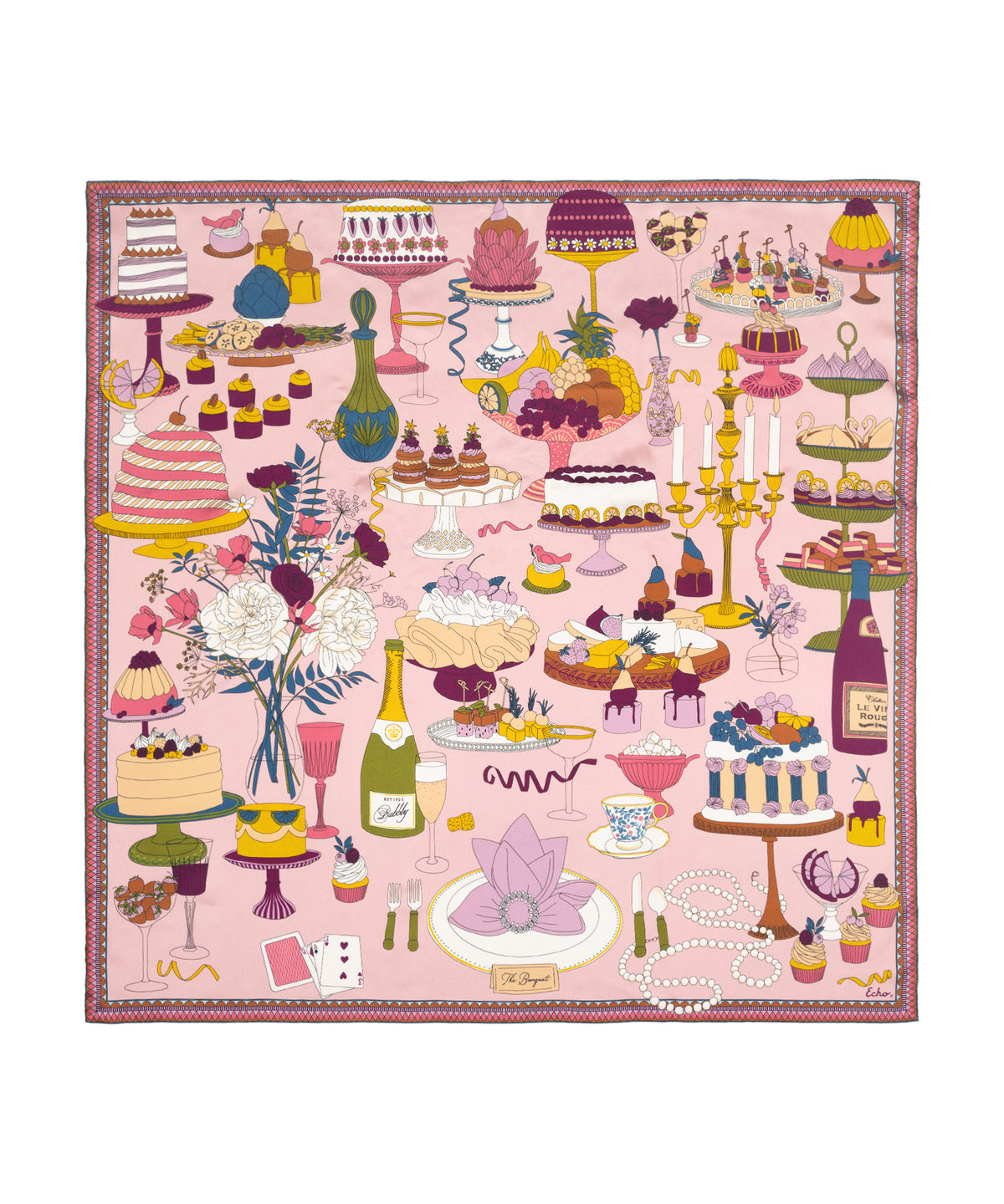 Banquet Illustration Silk Scarf in Pink