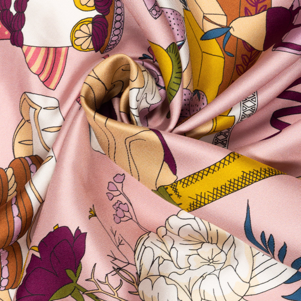 Banquet Illustration Silk Scarf in Pink