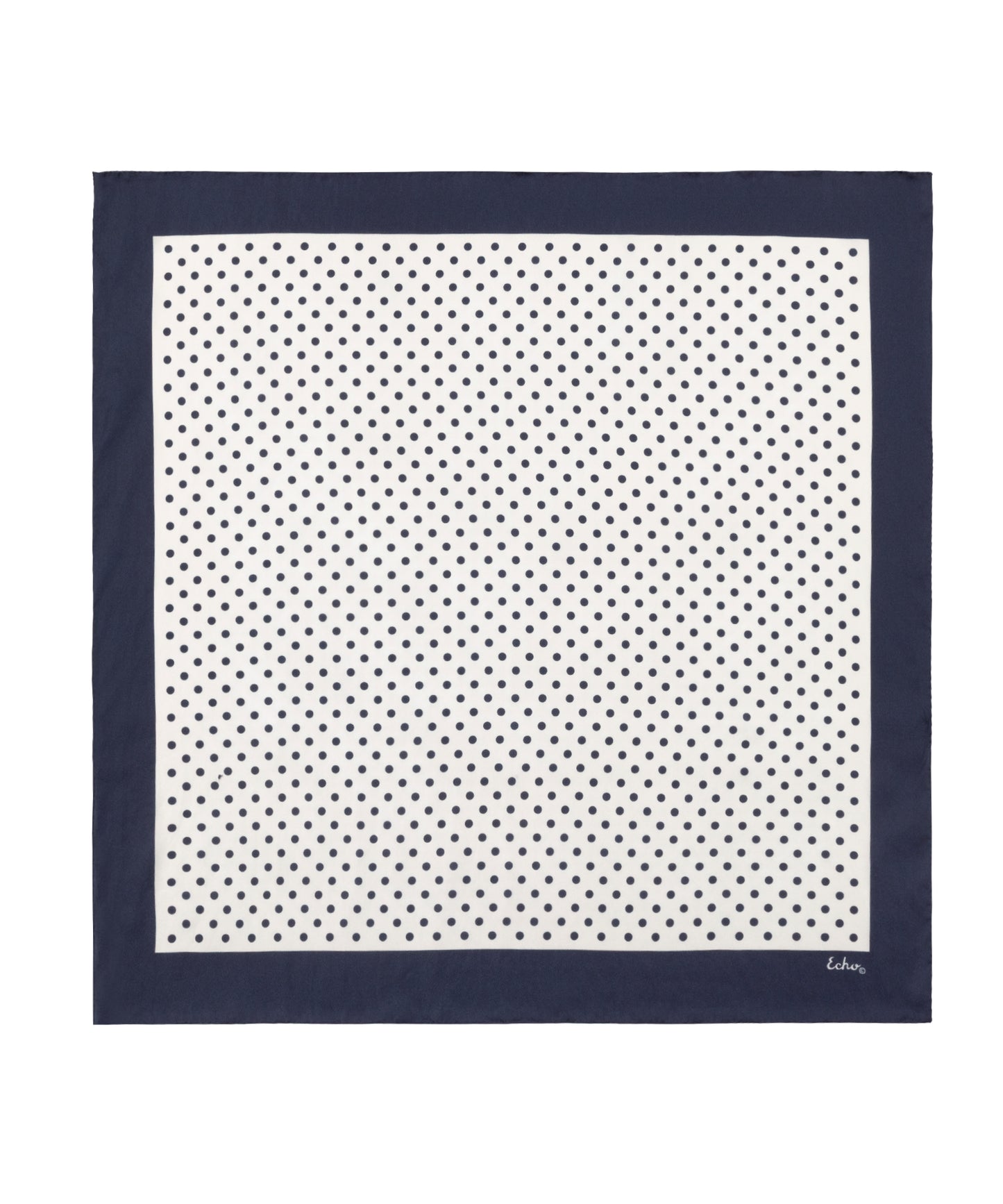 Navy blue square scarf with white polka dot pattern on a white background
