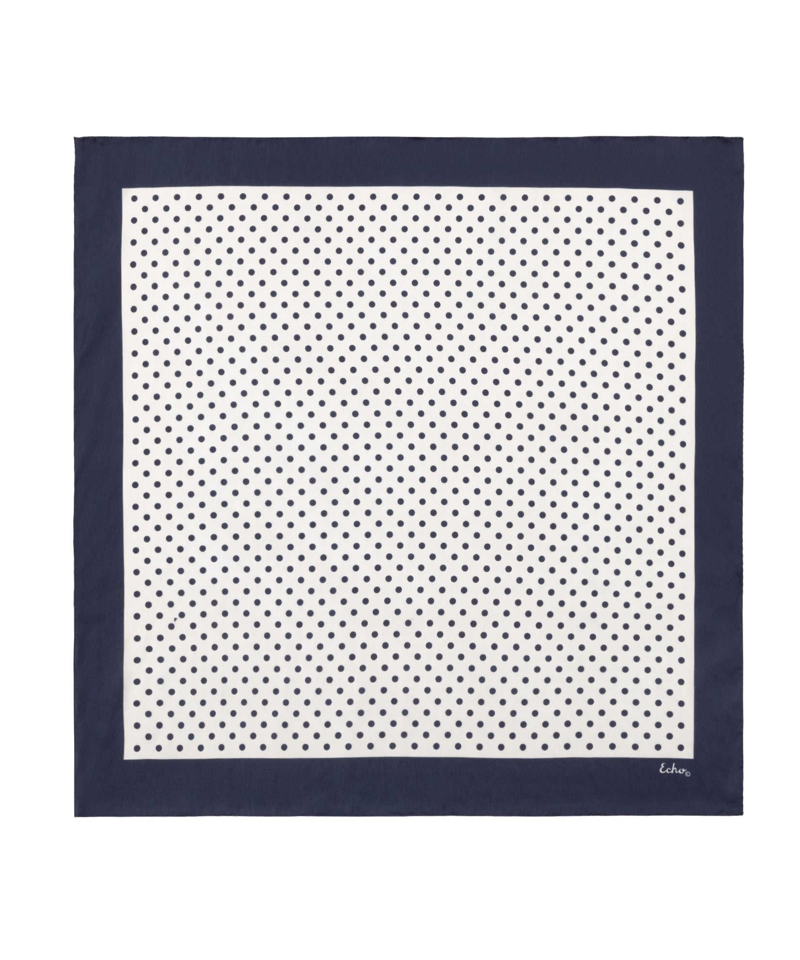 Navy blue square scarf with white polka dot pattern on a white background