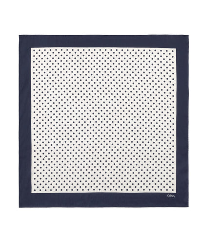 Navy blue square scarf with white polka dot pattern on a white background