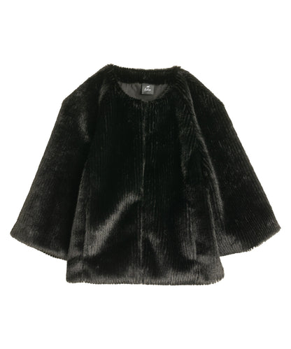 Collarless Fur Jacket With Raglan Sleeves color black