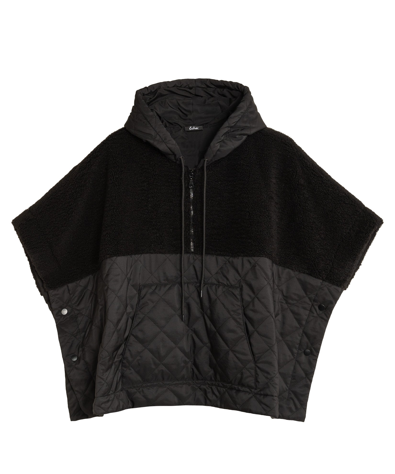 Combo Quilted Hooded Poncho in color black