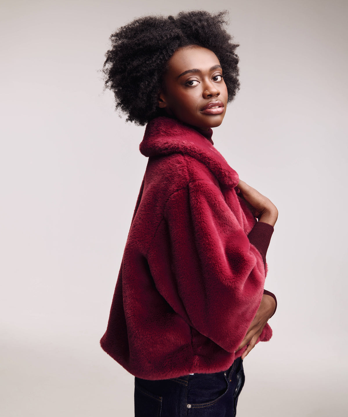 blair sheared mink faux fur jacket in denim winetasting