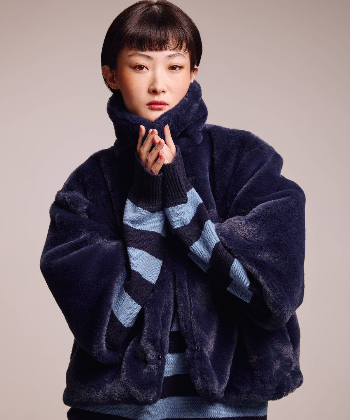 blair sheared mink faux fur jacket in denim blue