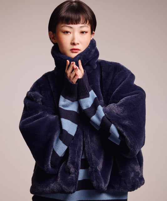 blair sheared mink faux fur jacket in denim blue