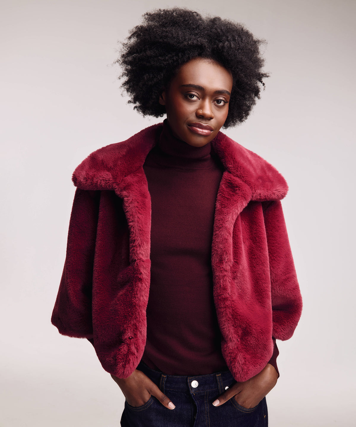blair sheared mink faux fur jacket in denim winetasting