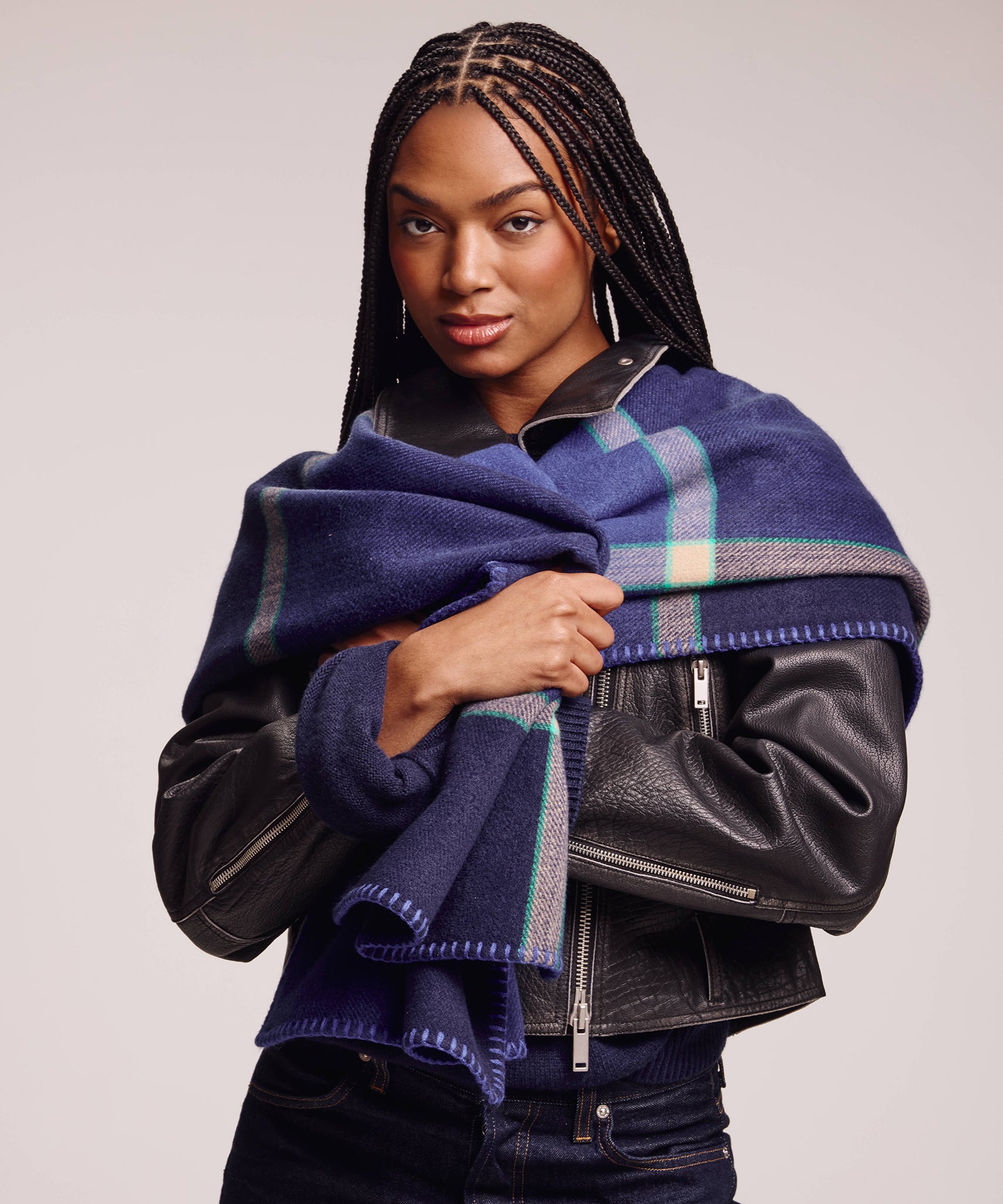 Plaid Ruana in Navy