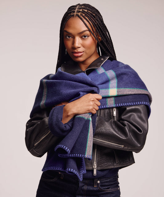 Plaid Ruana in Navy