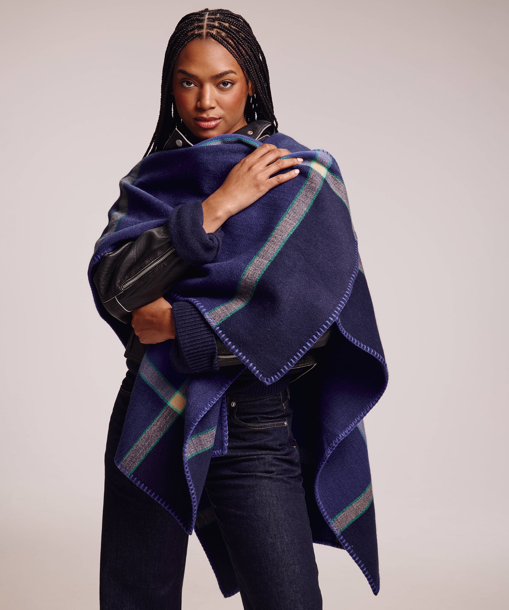 Plaid Ruana in Navy