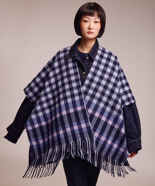 Bordered check ruana in navy