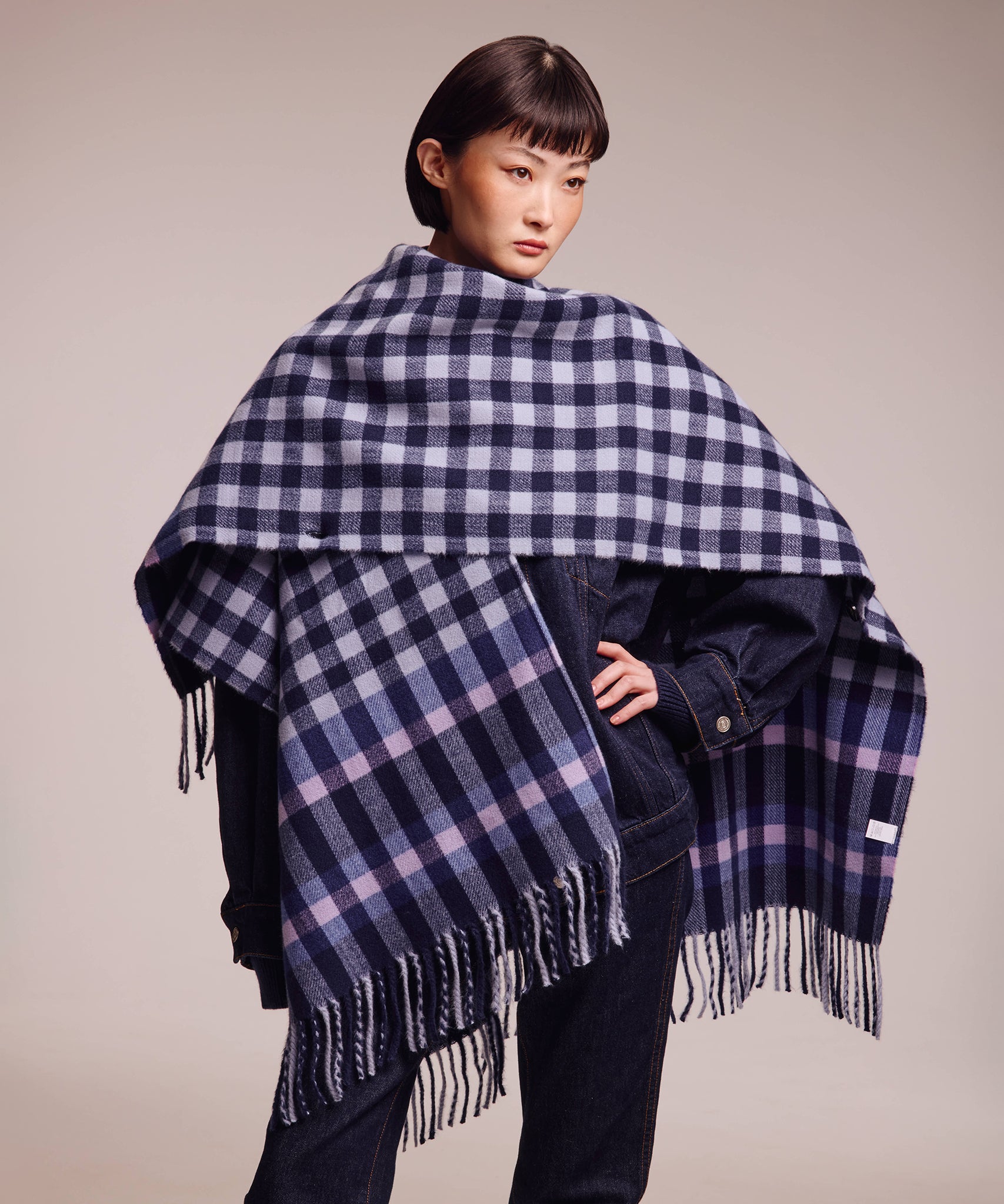 Bordered check ruana in navy