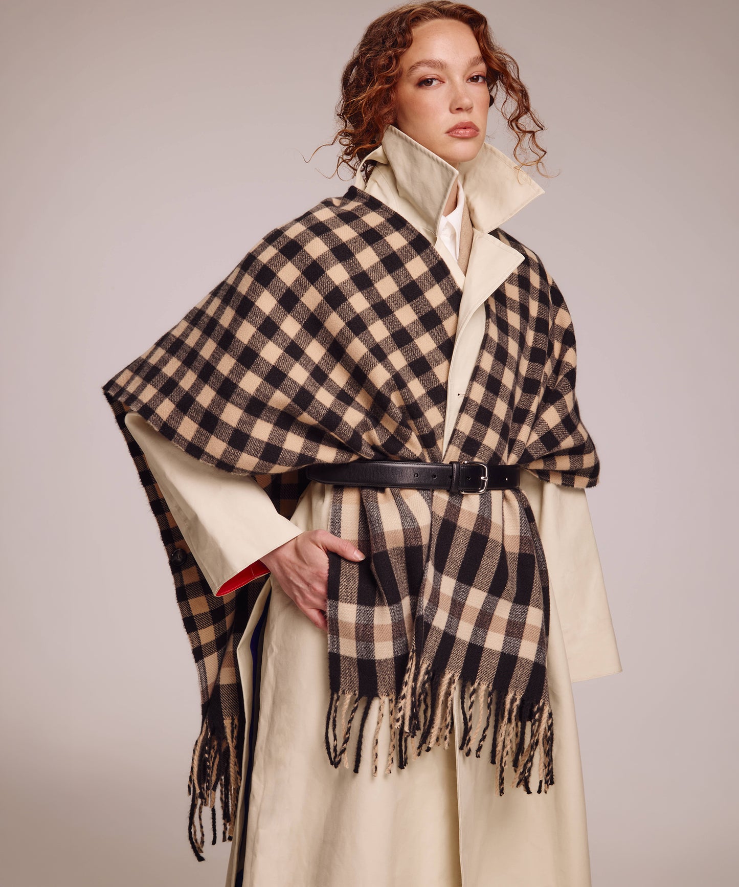 Bordered check ruana in black