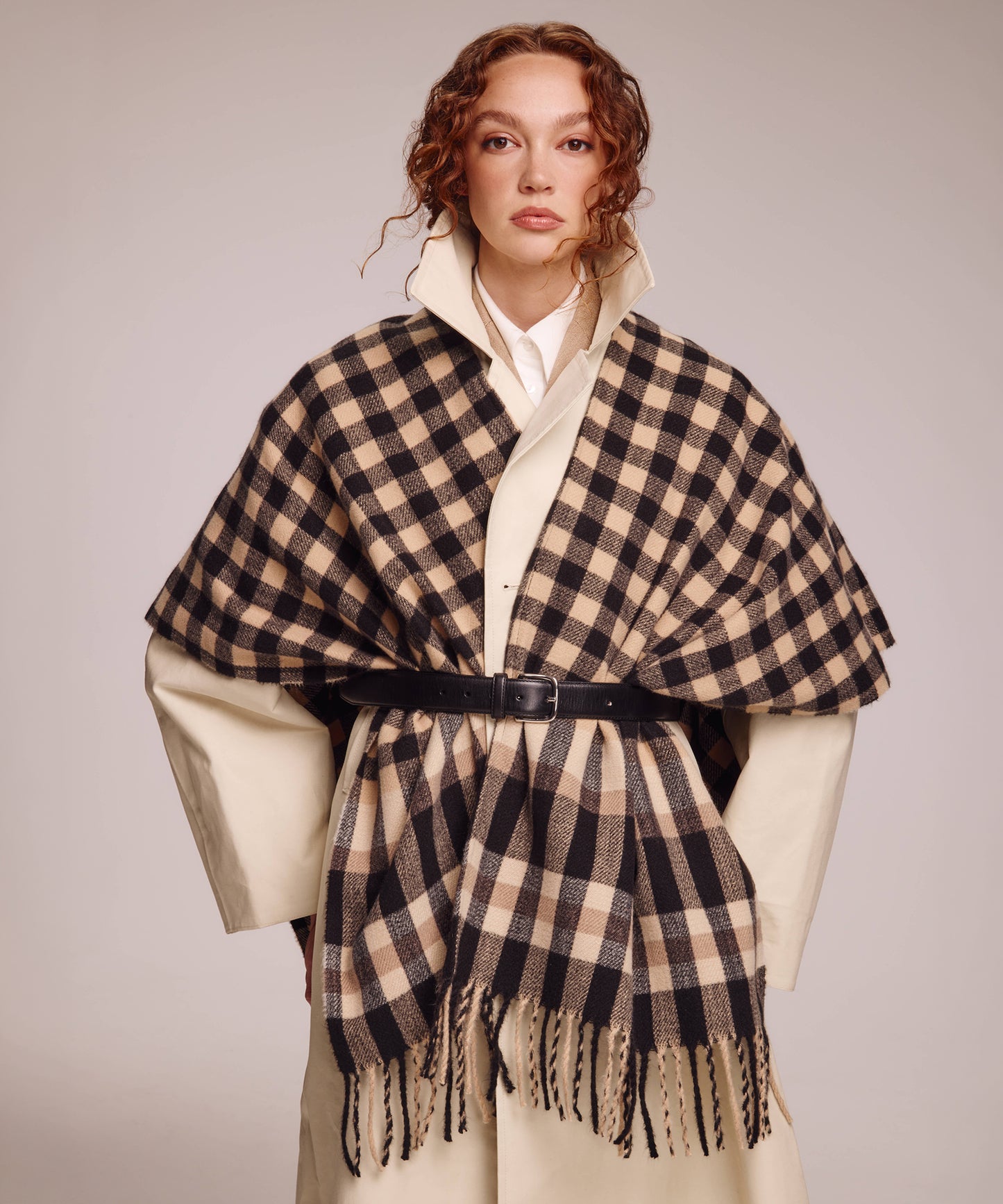 Bordered check ruana in black