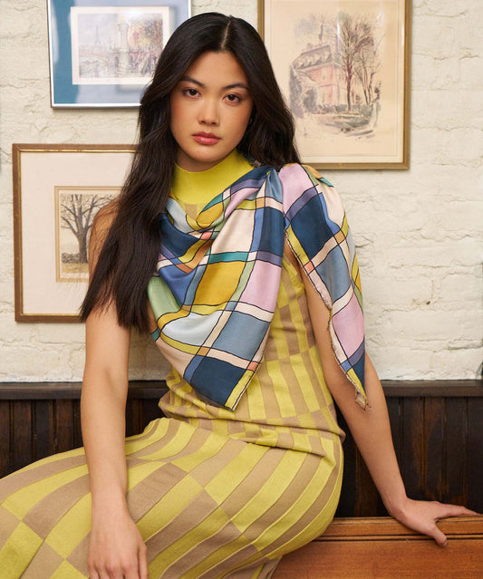 Windowpane 35" Silk Square Scarf in color denim blue