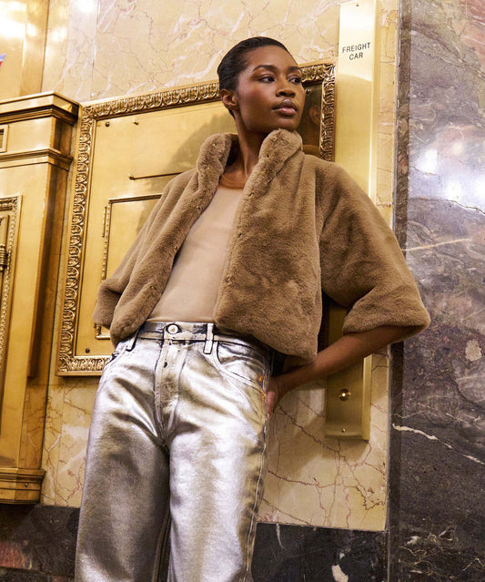 Sheared Mink Faux Fur Jacket in color chai