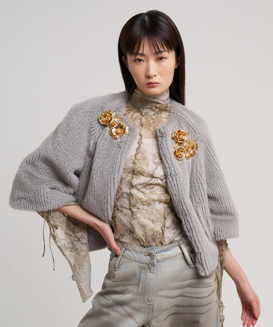 Collarless Fur Jacket With Raglan Sleeves color silver