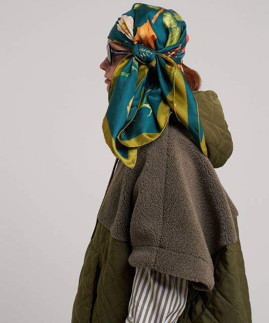 The Botanists 35" Silk Square Scarf in color bottle green