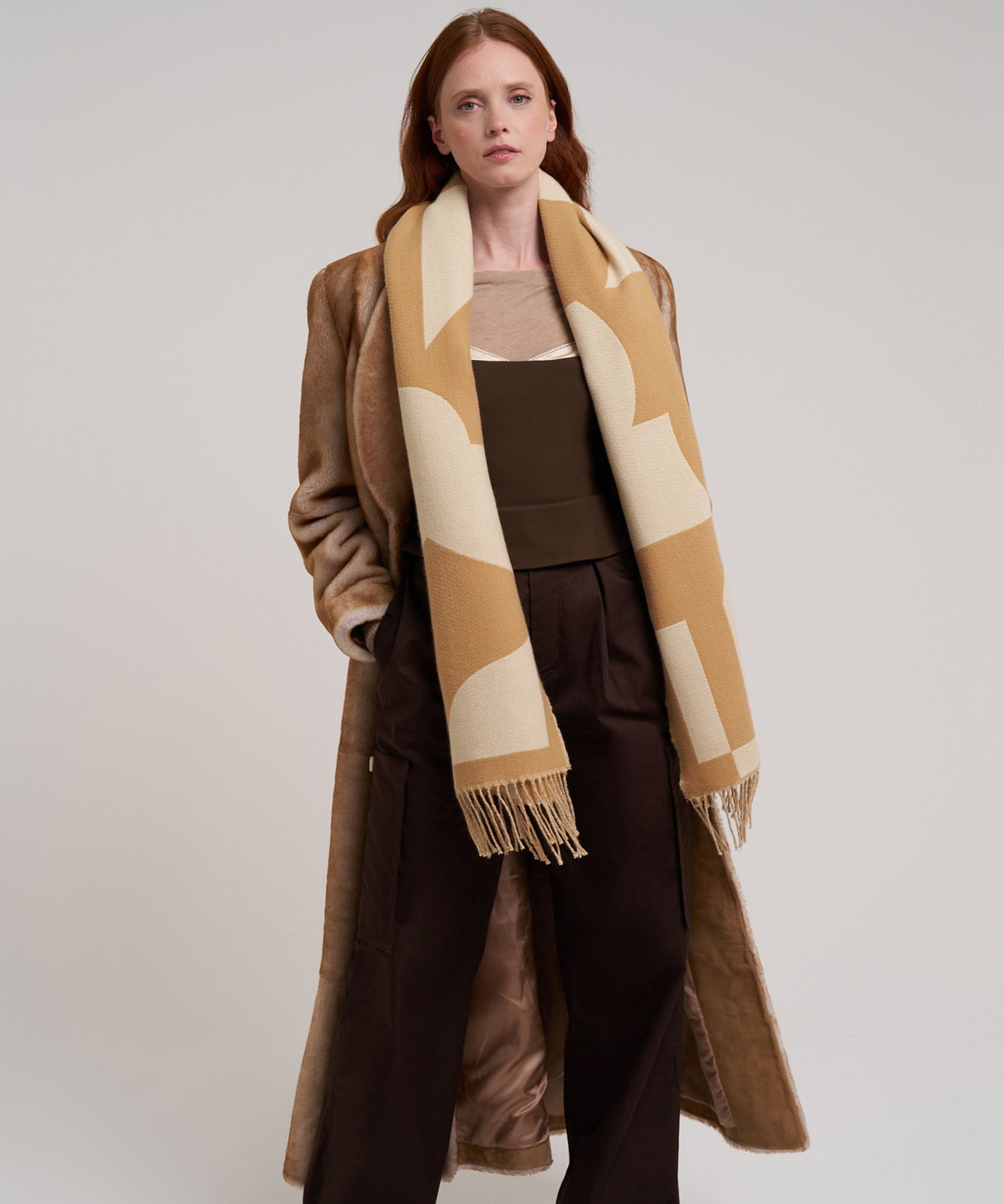 Geo Double Face Jacquard Scarf in color camel