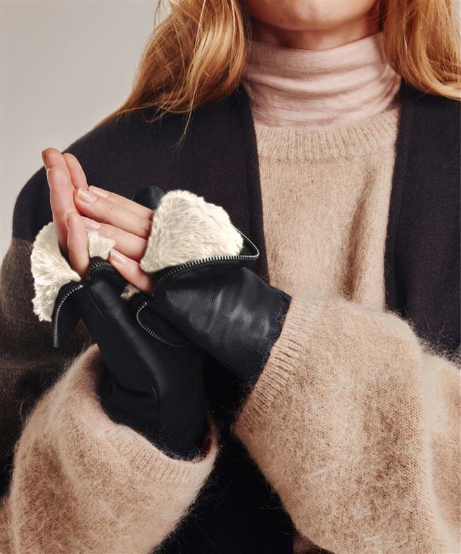 Zip-top Glove With Faux Fur Lining in color Black/Cream