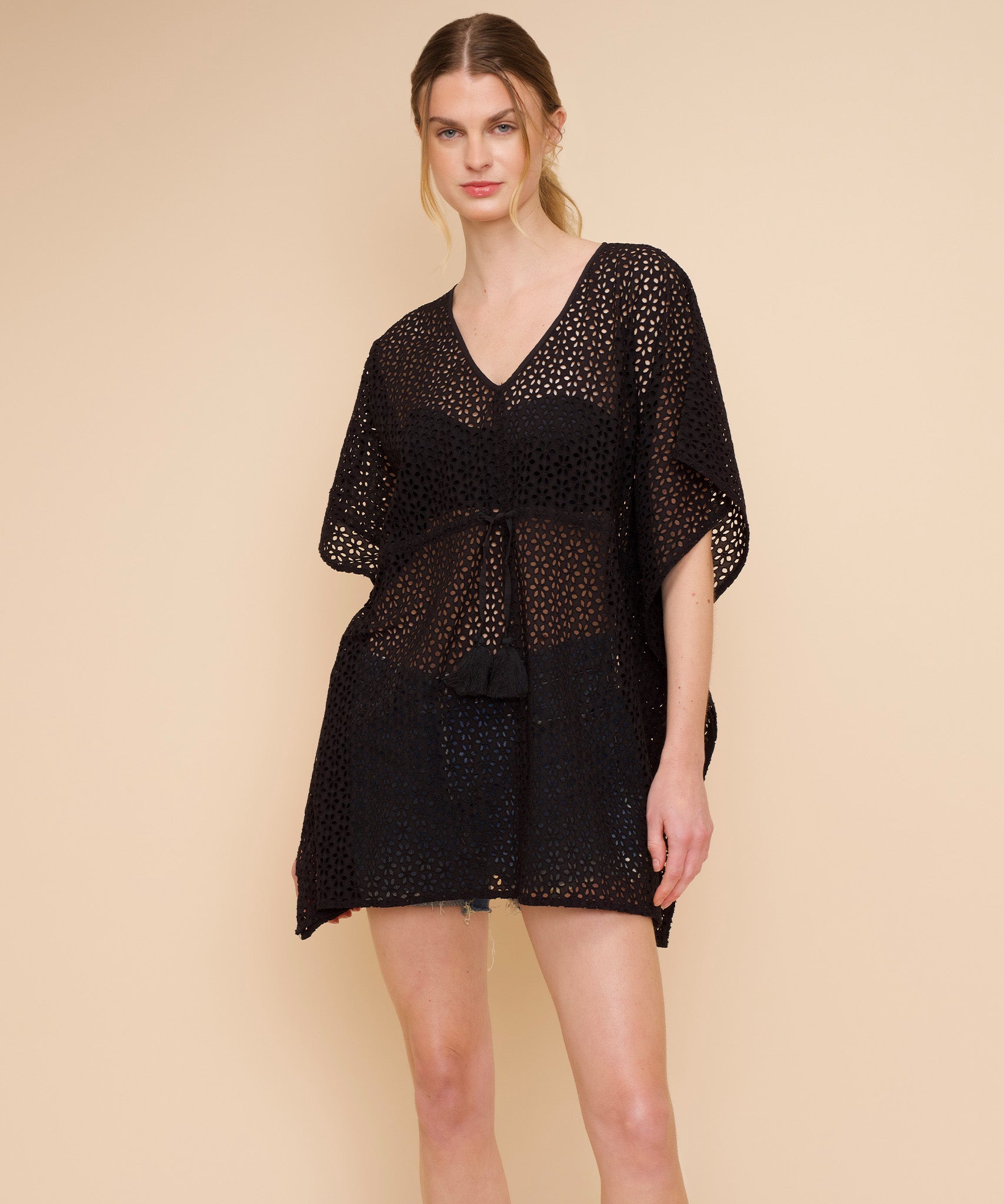 Eyelet Butterfly Caftan in color black