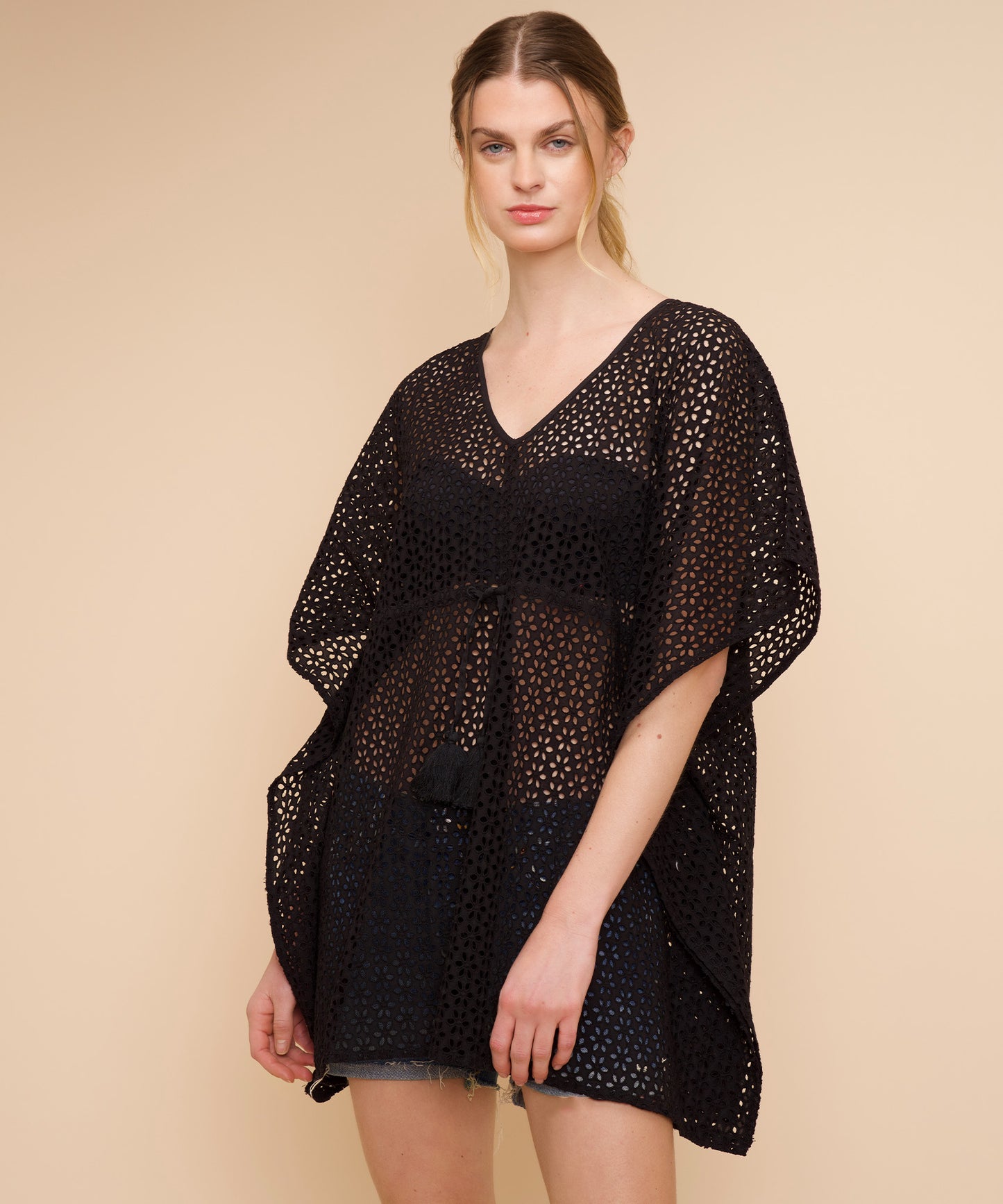 Eyelet Butterfly Caftan in color black