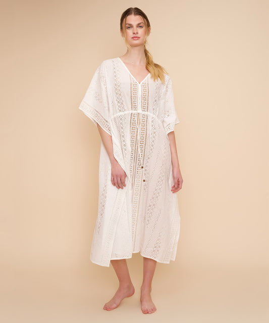 Eyelet Butterfly Maxi Caftan in color white