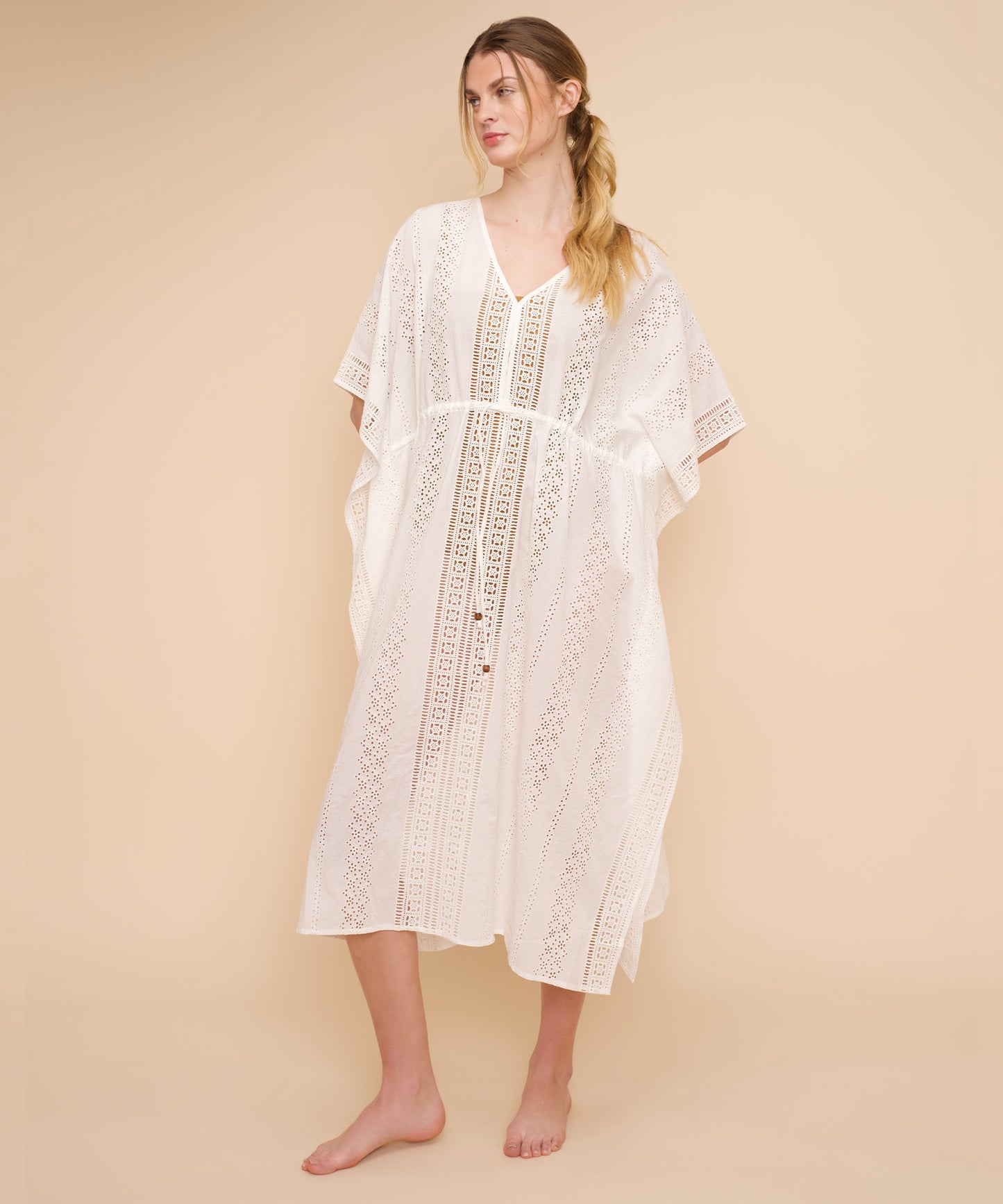 Eyelet Butterfly Maxi Caftan in color white