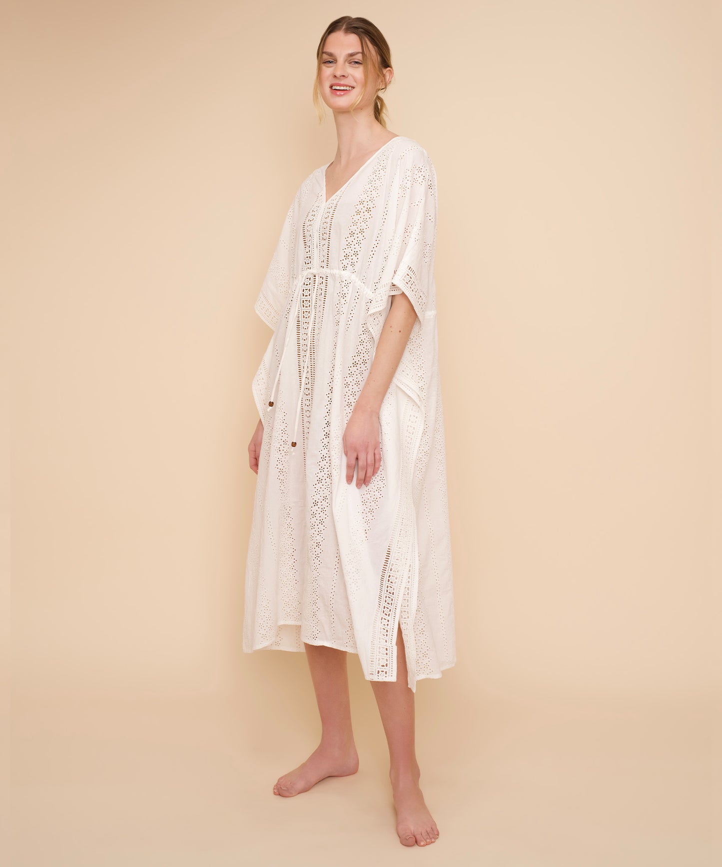 Eyelet Butterfly Maxi Caftan in color white