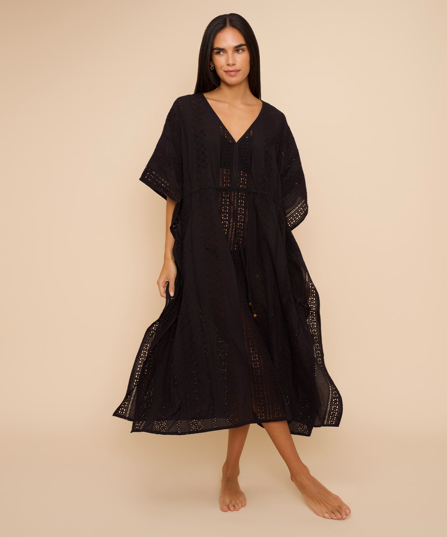 Eyelet Butterfly Maxi Caftan in color black