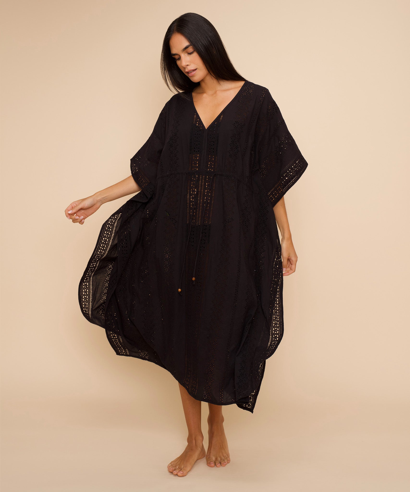 Eyelet Butterfly Maxi Caftan in color black