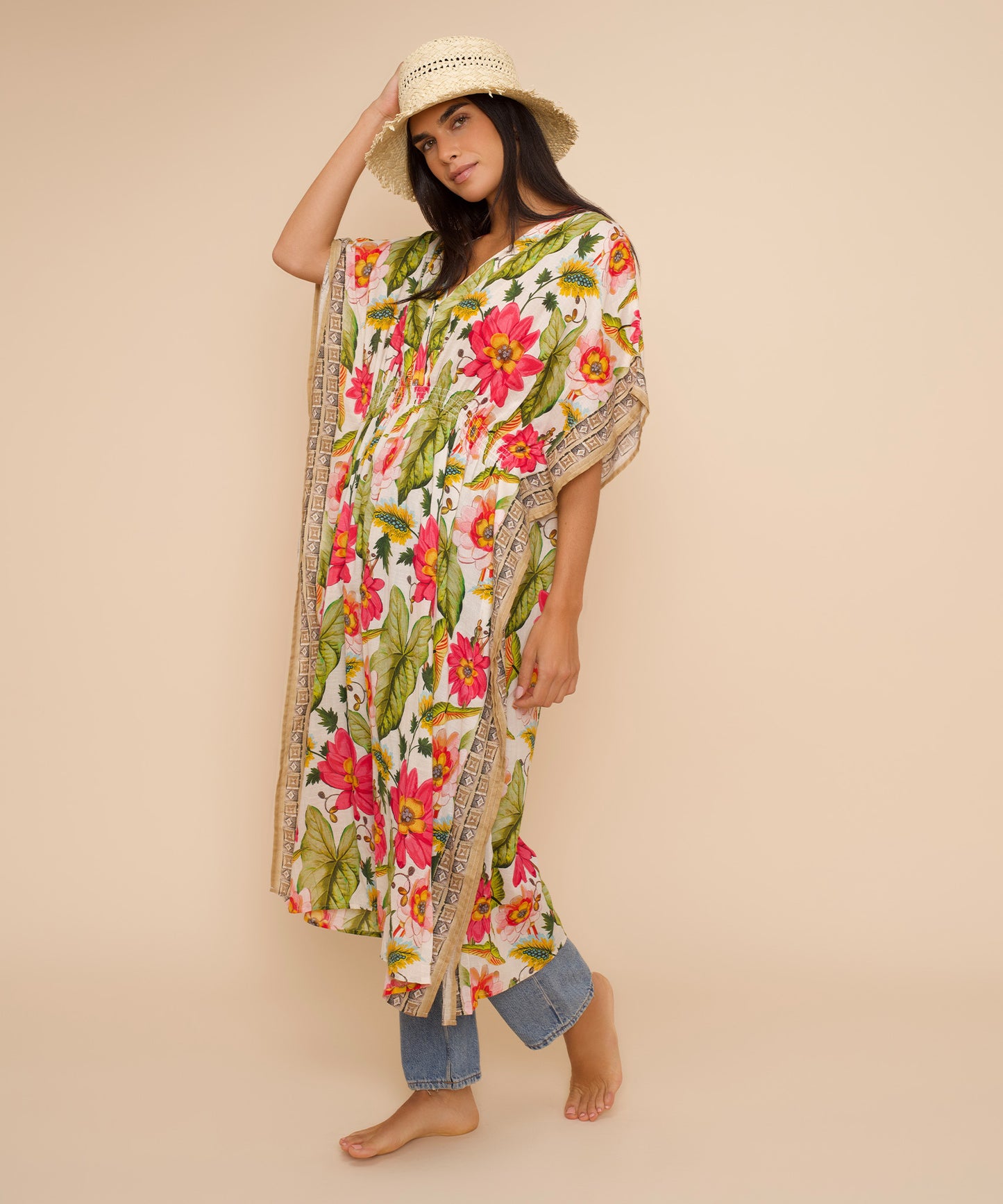 Tile Floral Maxi Caftan in cream