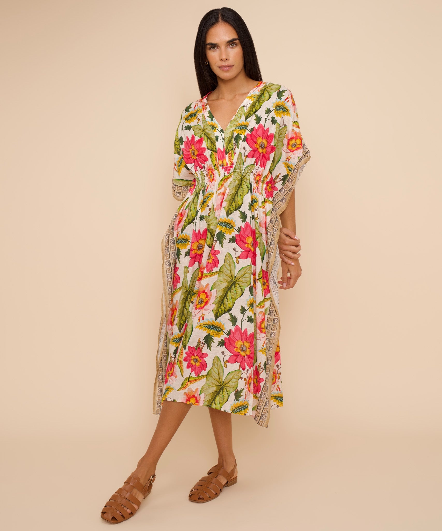 Tile Floral Maxi Caftan in cream