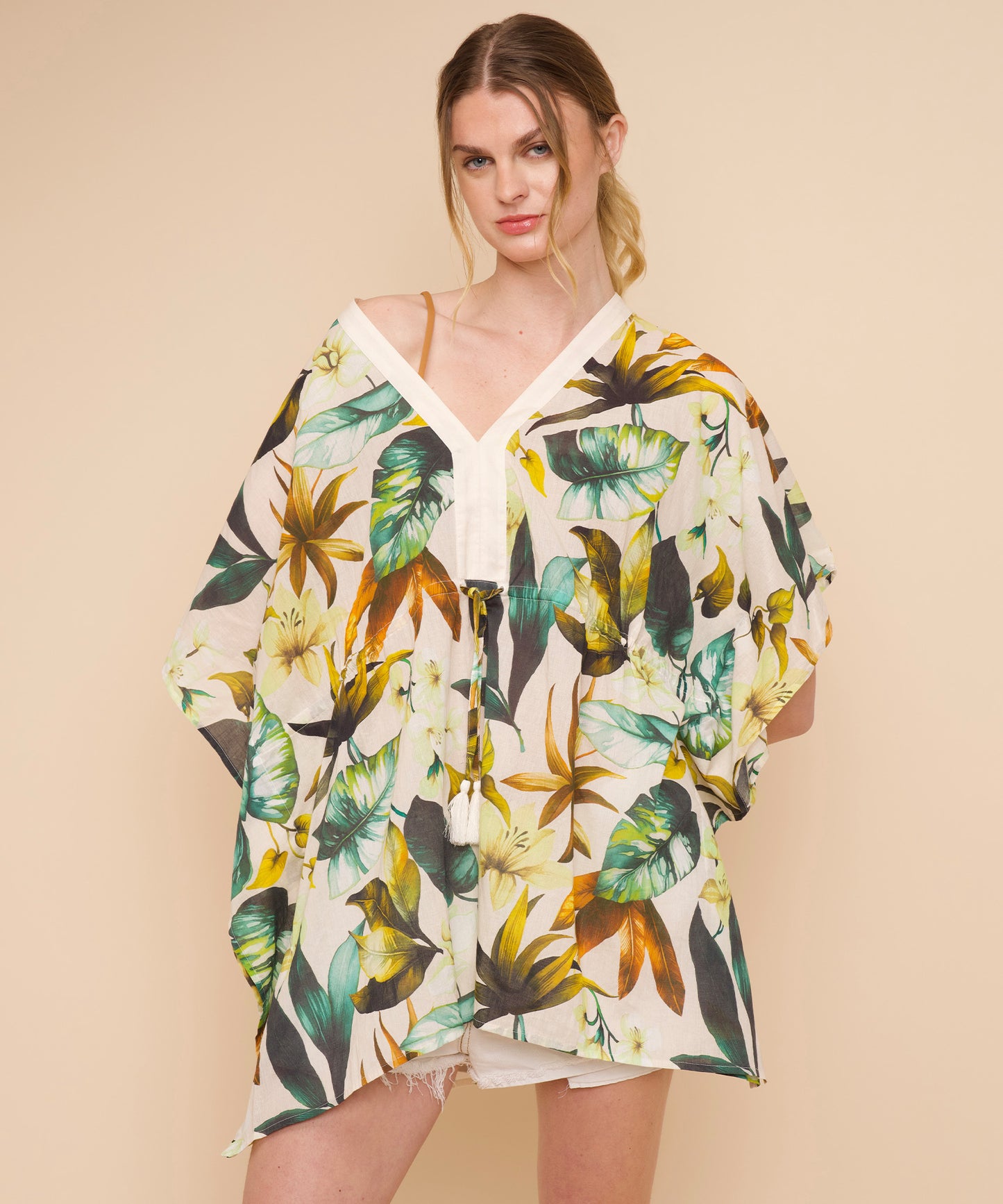 Oasis Palm Butterfly Caftan in color sand