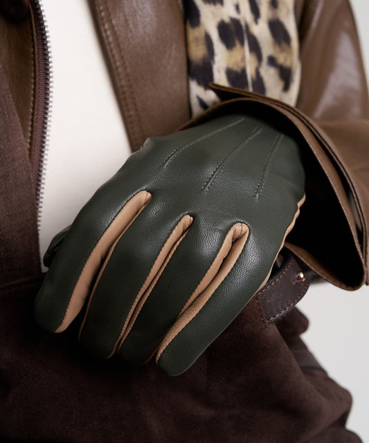 Colorblock Leather Glove in color forest green 