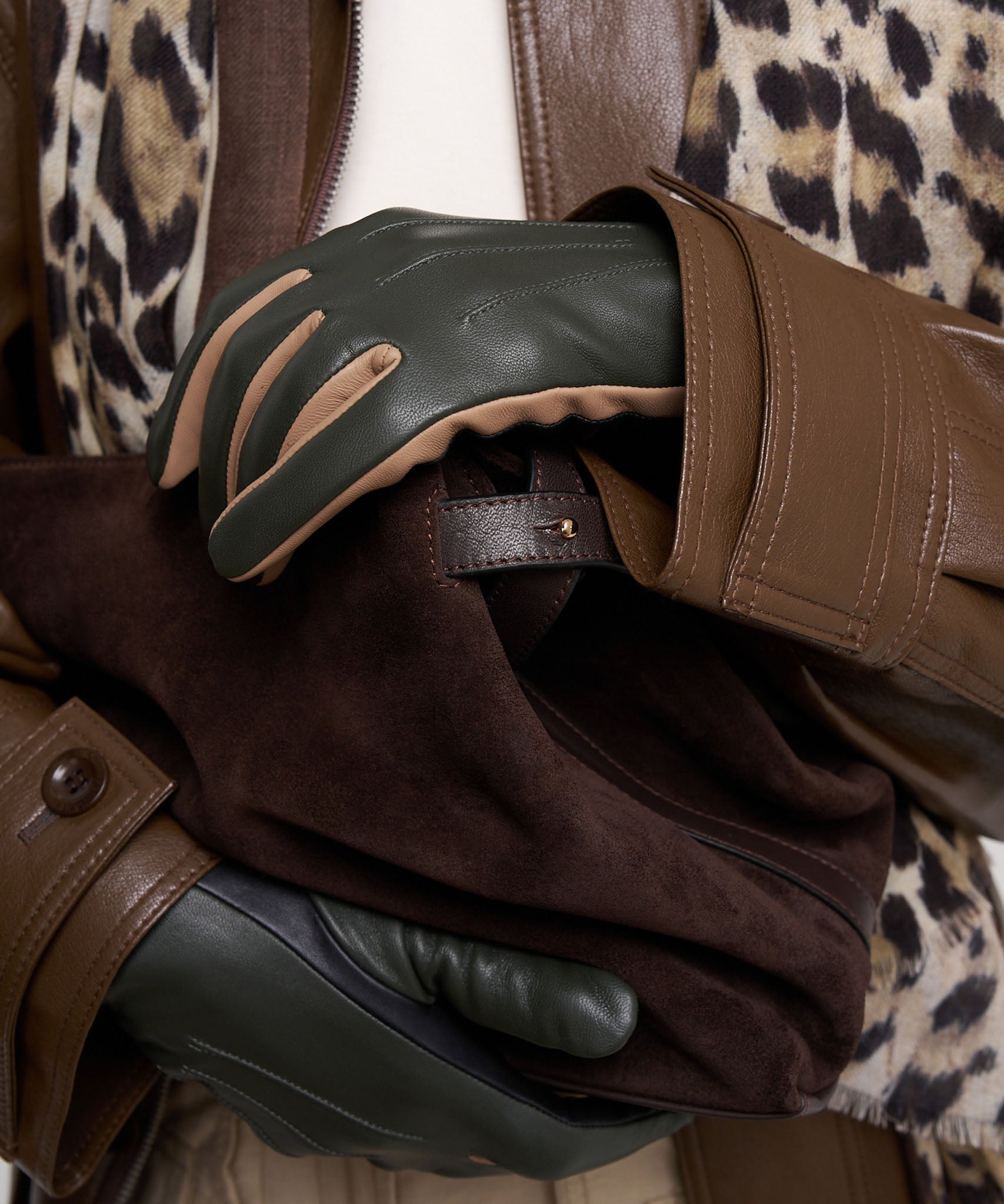 Colorblock Leather Glove in color forest green 