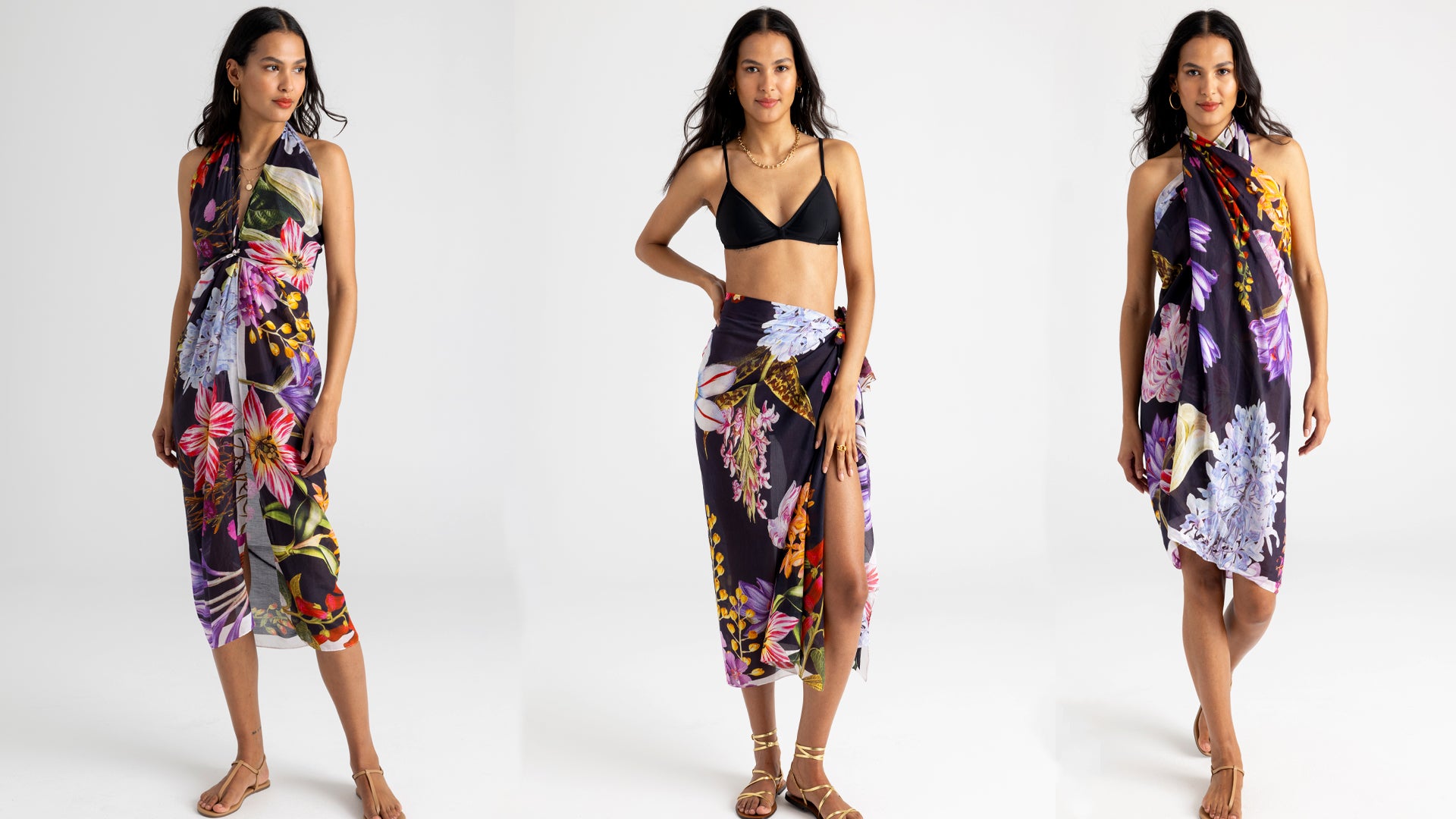 model wearing the Botanica Sarong Scarf in black 3 different ways - as a dress, as a skirt, and as a halter dress.