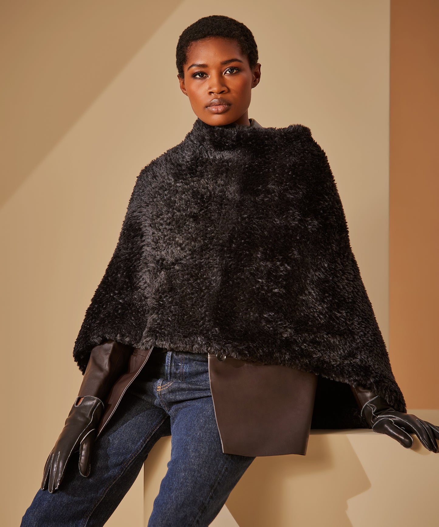 Plush Fur Poncho in color Black