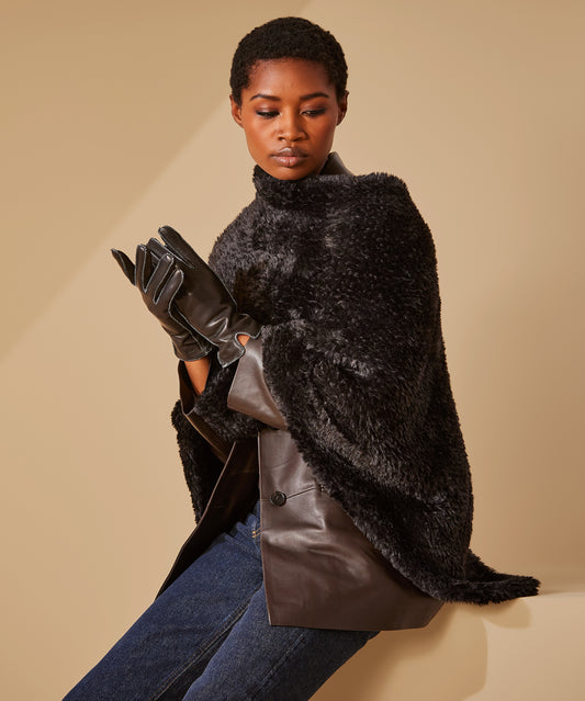 Plush Fur Poncho in color Black and whip stitch leather glove