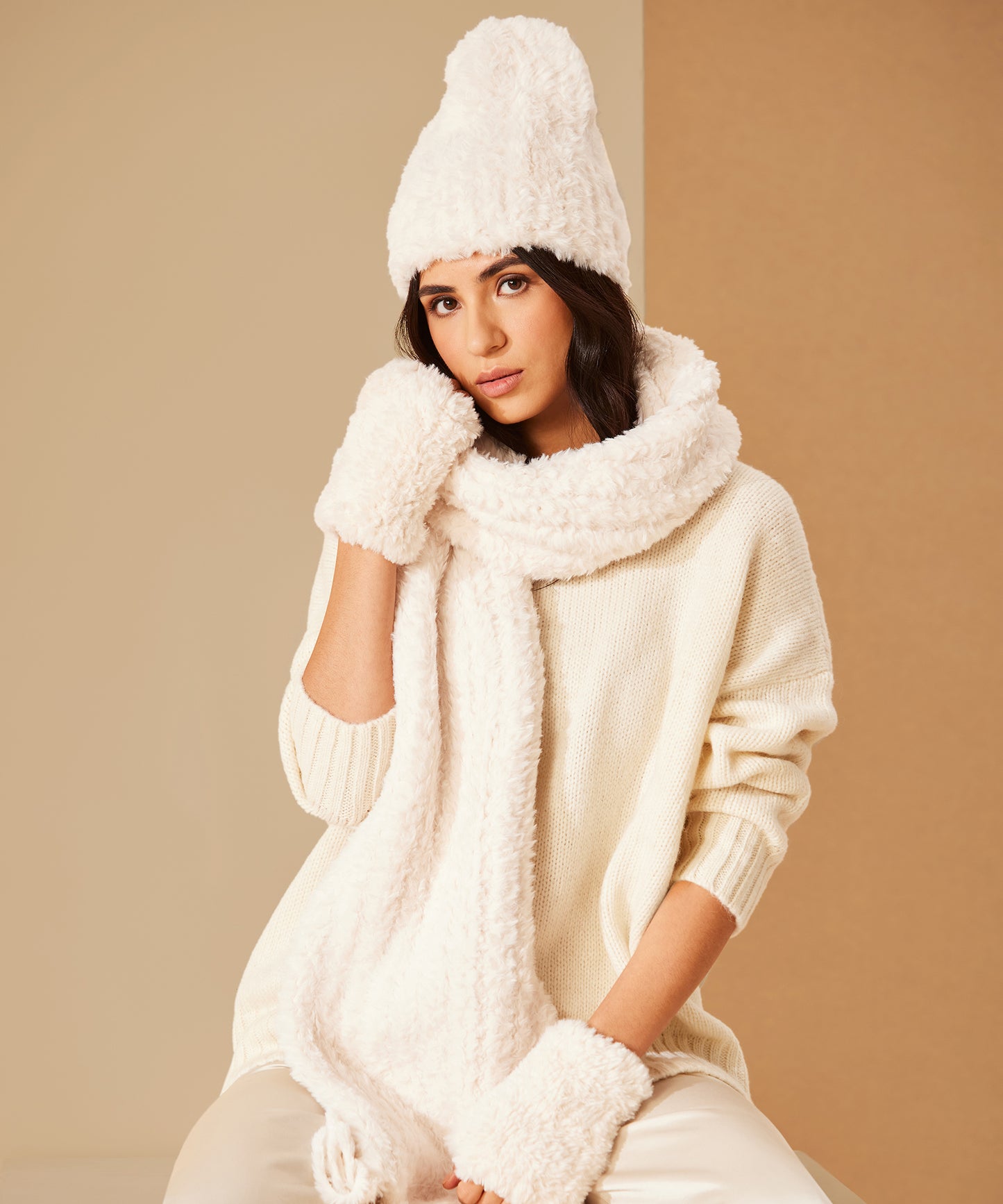 Plush Fur Fingerless Gloves, scarf, and beanie in color cream