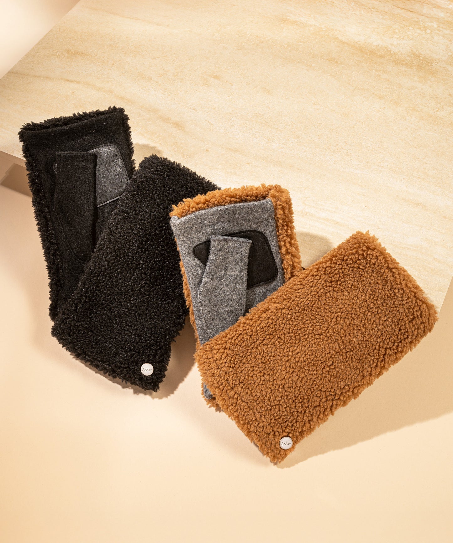 Sherpa Fingerless Glove in color Camel