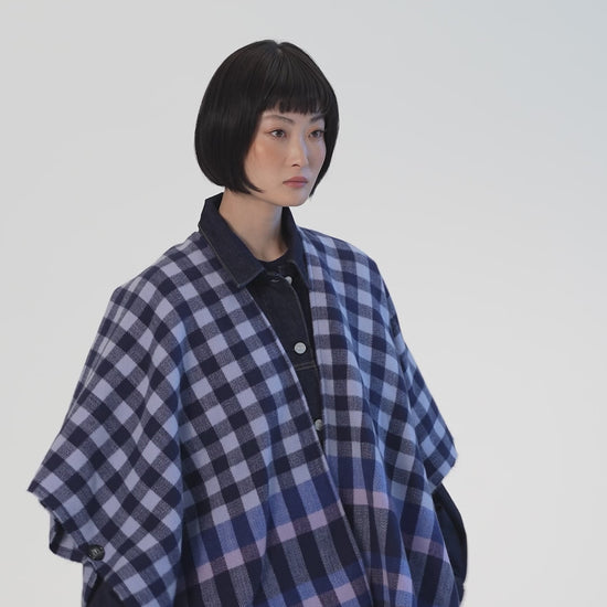 Bordered check ruana in navy