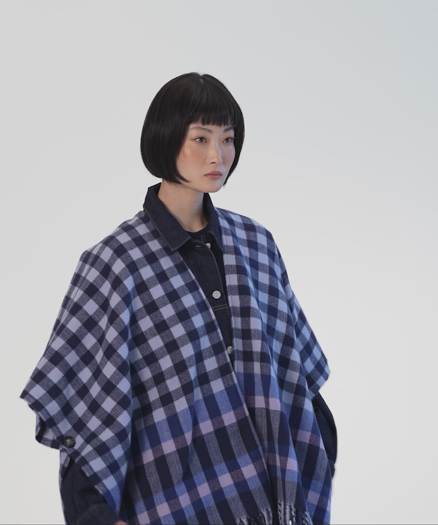 Bordered check ruana in navy