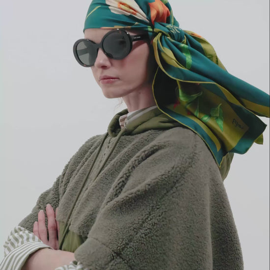 The Botanists 35" Silk Square Scarf in color bottle green