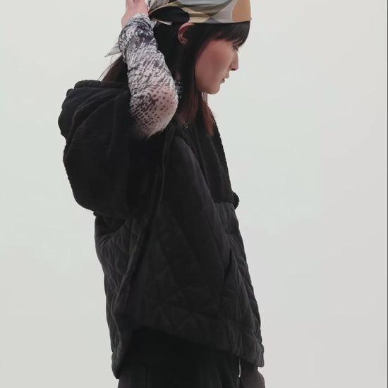 Combo Quilted Hooded Poncho in color black