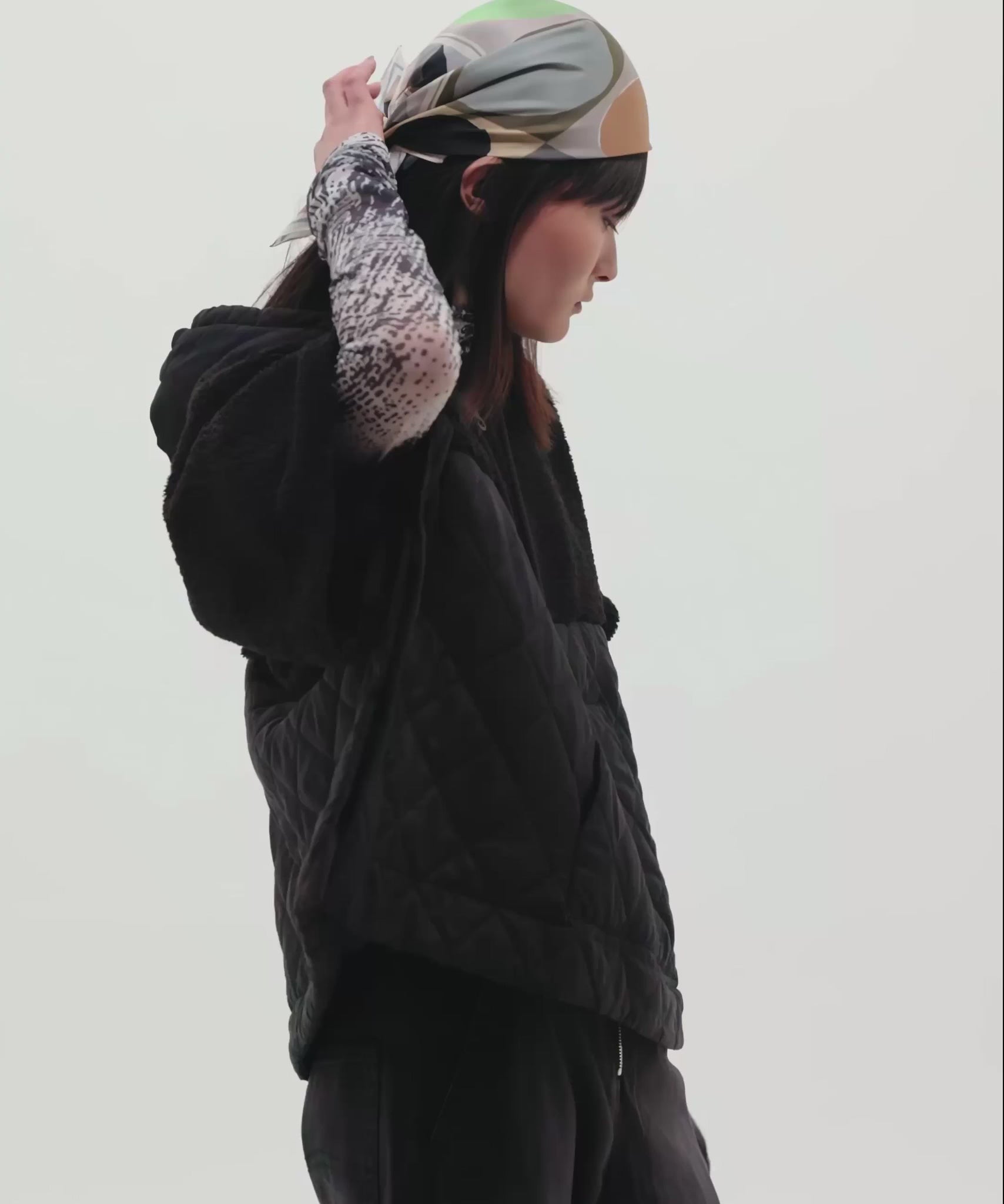 Combo Quilted Hooded Poncho in color black