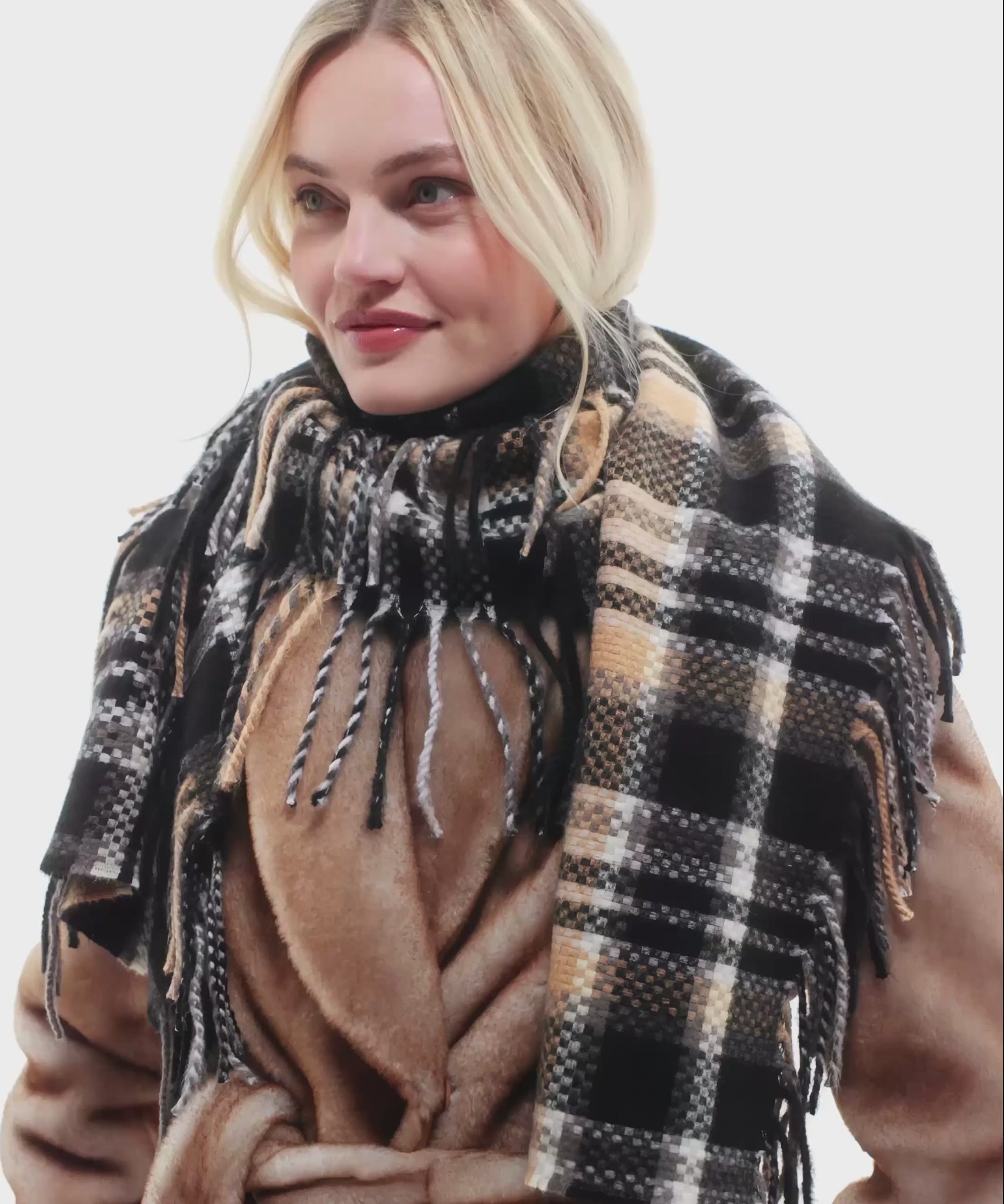 Vintage Plaid Side Fringe Scarf in color black
