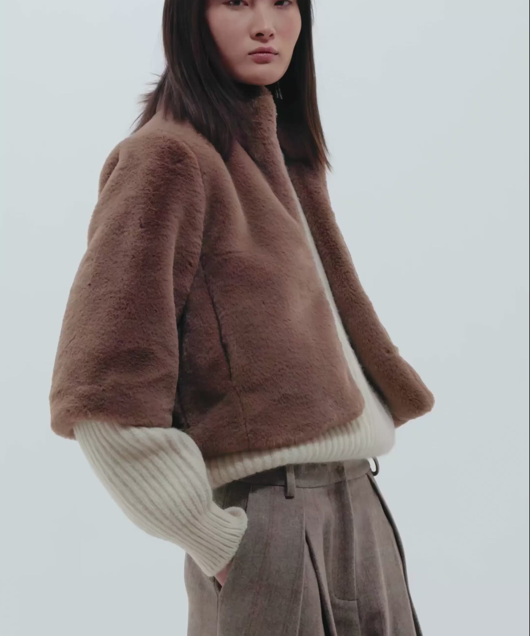 Sheared Mink Faux Fur Jacket in color chai